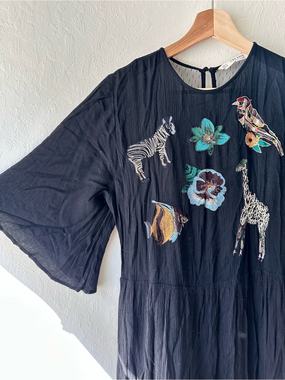 Zara basic 2016 animal embroidered black maxi dress oversized small sheer back - Picture 4 of 11